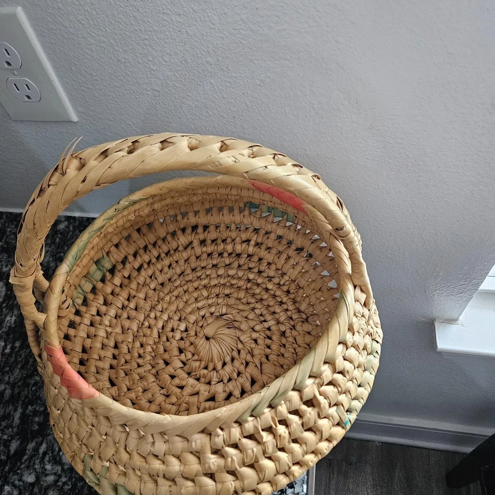 Vintage Native American Coiled‎ Basket Bowl colorful pattern with Handles